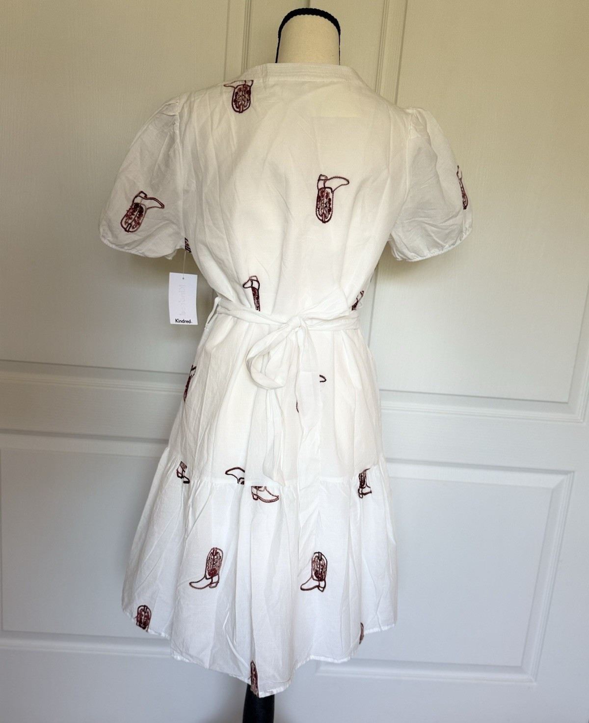 Kindred Dress White Cowboy Brown Boot Print Tie-Waist Western Babydoll M