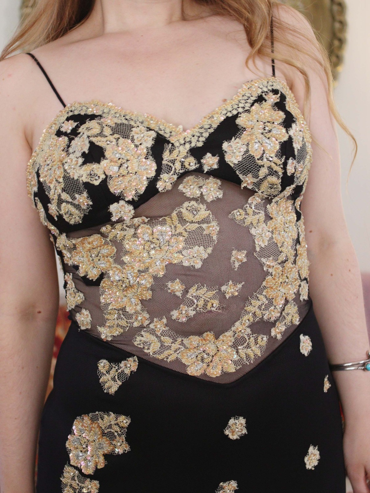 Y2K Cassandra Stone Dress Sheer Black Mesh Champagne Gold Lace Prom Dress 2000s
