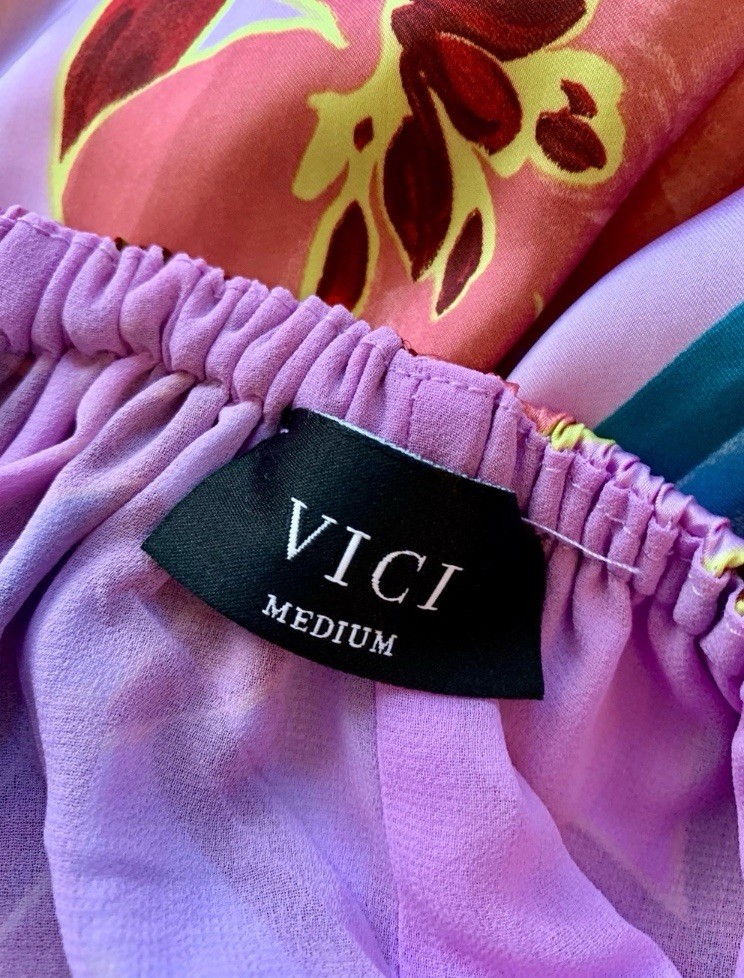 VICI Pink Abstract Floral Satin Midi Dress Handkerchief Hem Medium