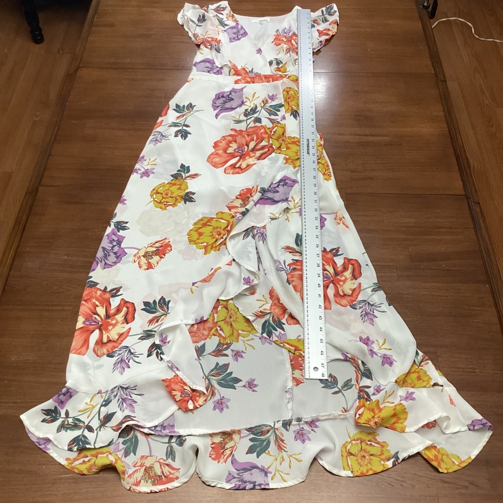 June & Hudson Floral High-Low Maxi Dress Flutter Sleeve V-Neck Small Romantic