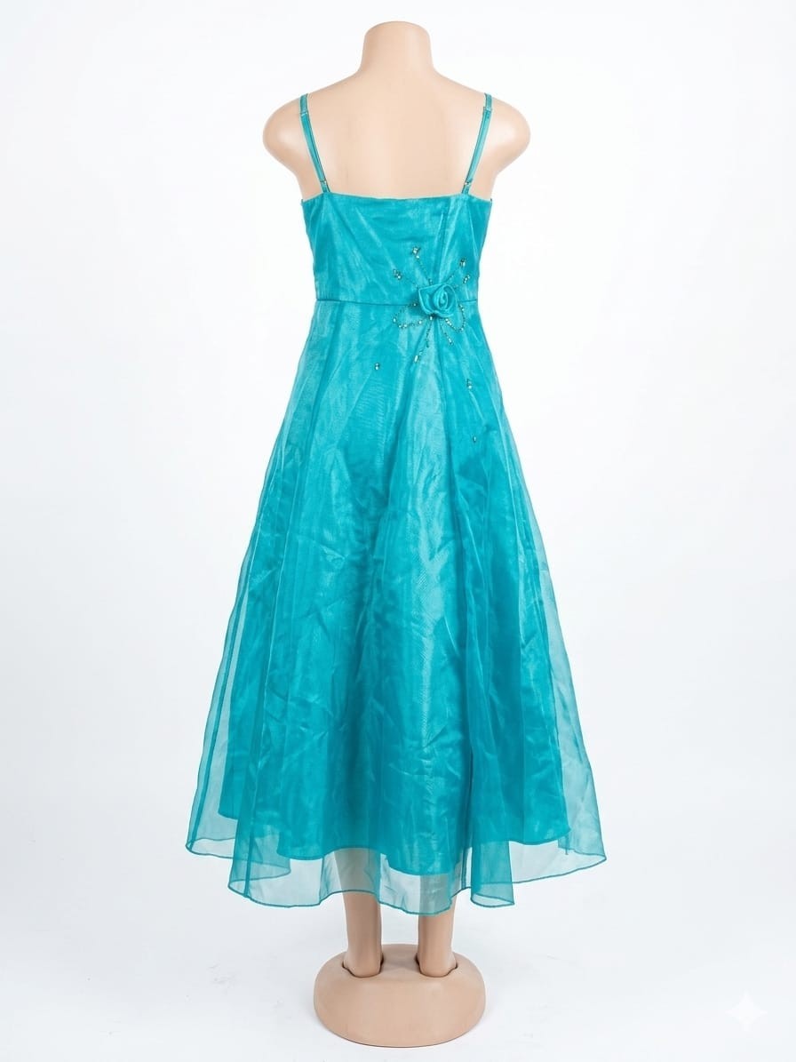 Gino Blue Beaded Bow Chiffon Fit & Flare Midi Dress Lined Zip 14 J1293