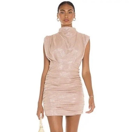 Line & Dot Women’s High Neck Ruched Sleeveless Bodycon Mini Dress Champagne XS