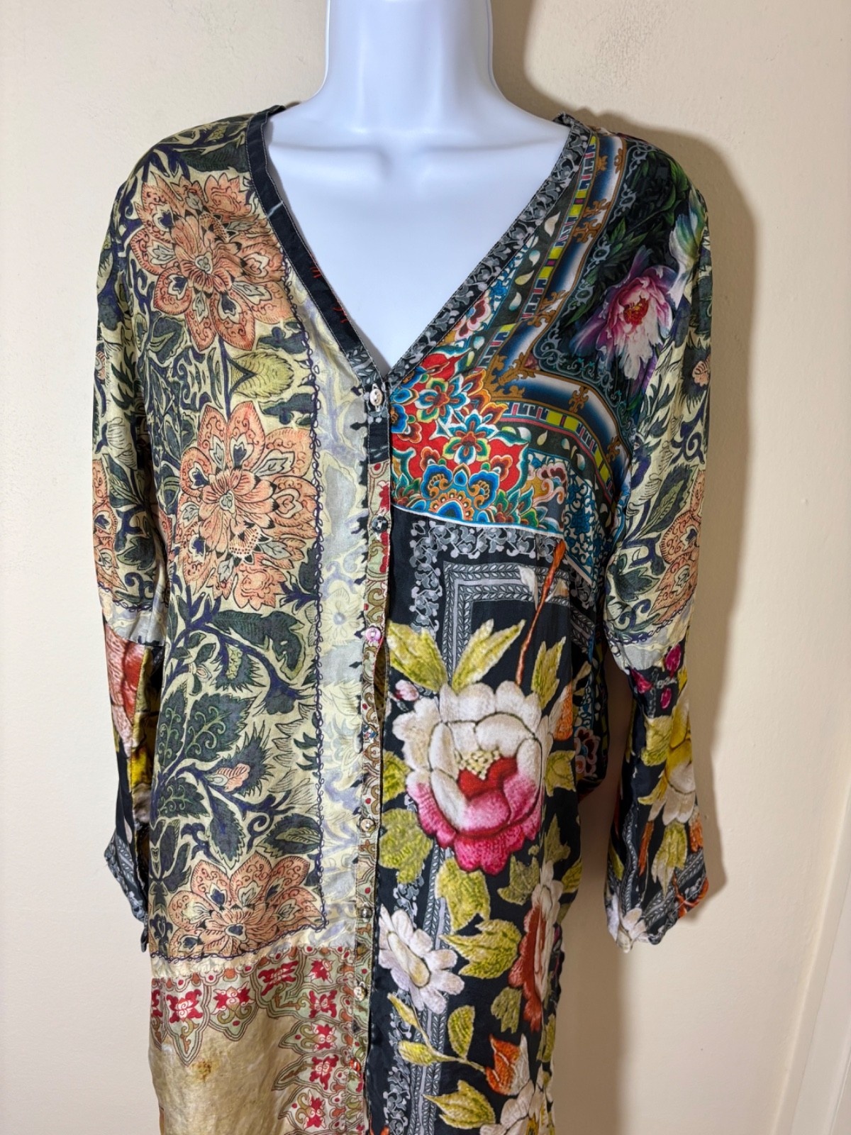 JOHNNY WAS Silk FLORAL PATCHWORK Art to Wear LAGENLOOK Boho TUNIC MINI Dress PS