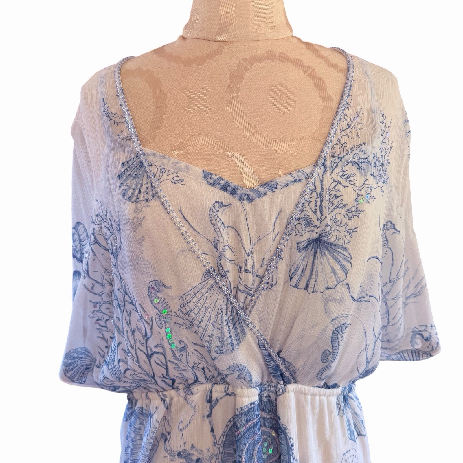 Soft Surroundings L Coastal Sequin Beaded SeaShell Captiva Beachy Maxi Dress