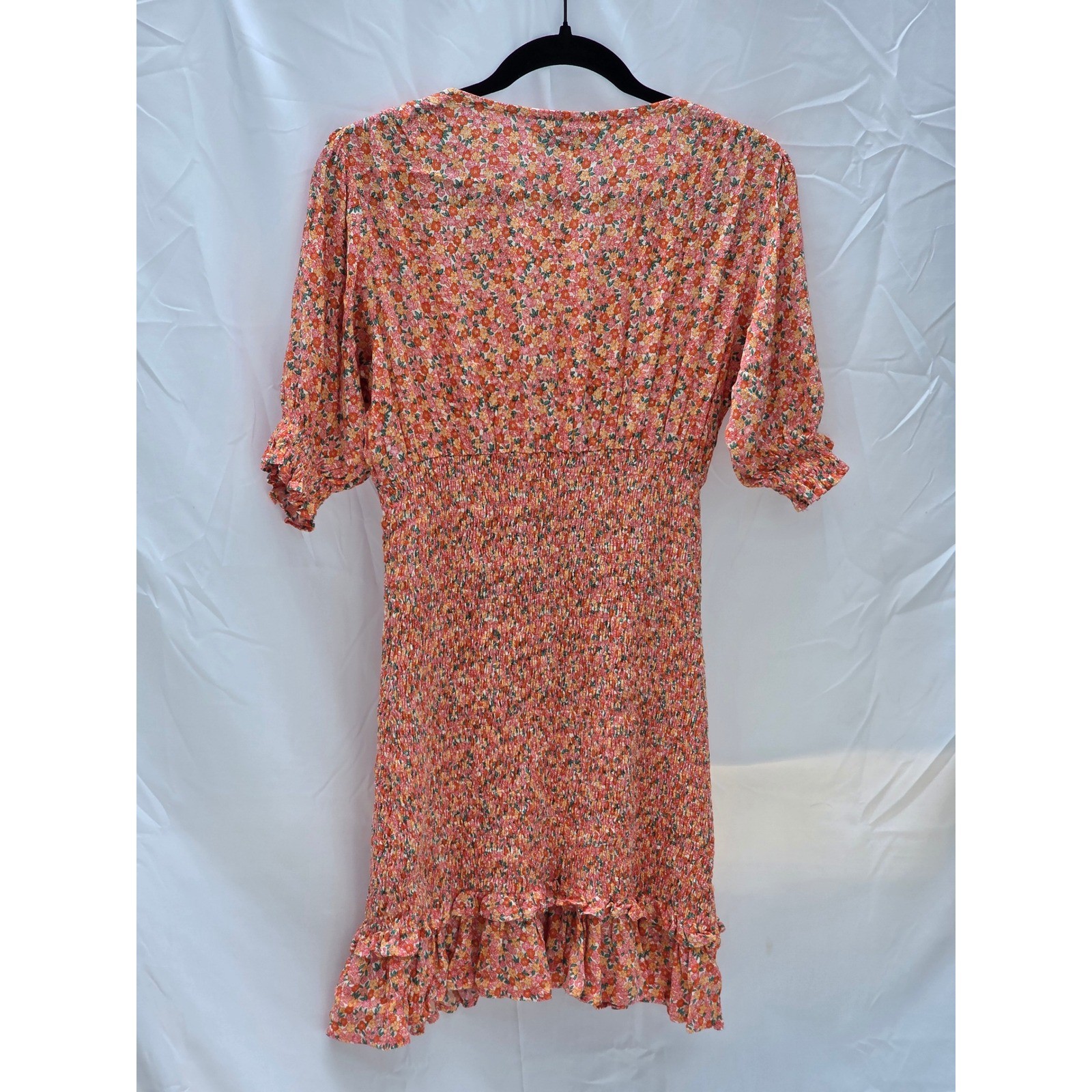 Faithfull the Brand Floral Smocked Mini Dress Orange Pink V-Neck Puff Sleeve XS