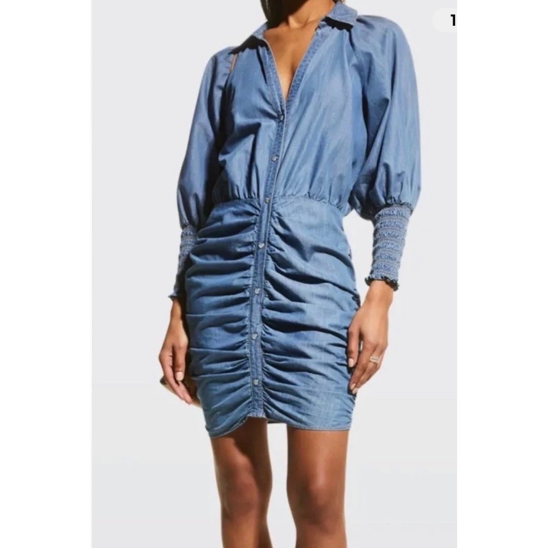 Veronica Beard Allie Blue Chambray Ruched Button Front Mini Dress Size 2