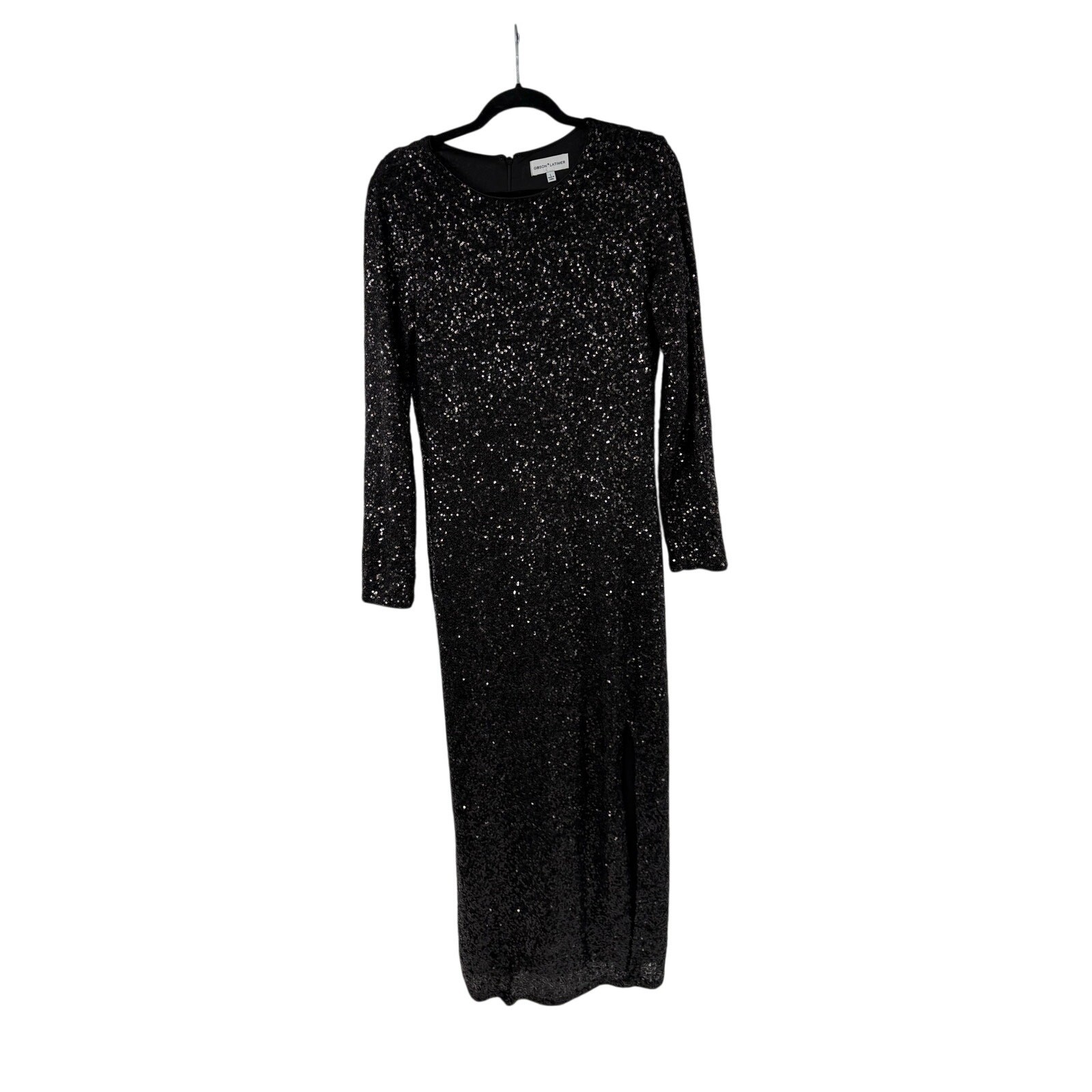 Gibson Latimer Sequin Round Neck Long Sleeve Split Front Bodycon Maxi Dress L