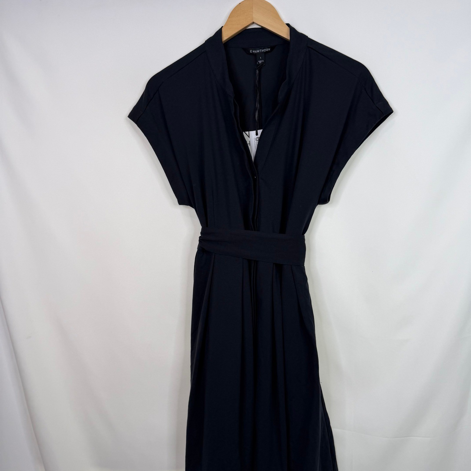 41 Hawthorn Womens Black Split Neck Cap Sleeve Belted Dress Size L NWT
