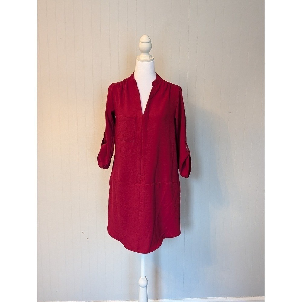 LUSH Split-Neck Cranberry Tunic Shirt Dress w/Pockets Size XS