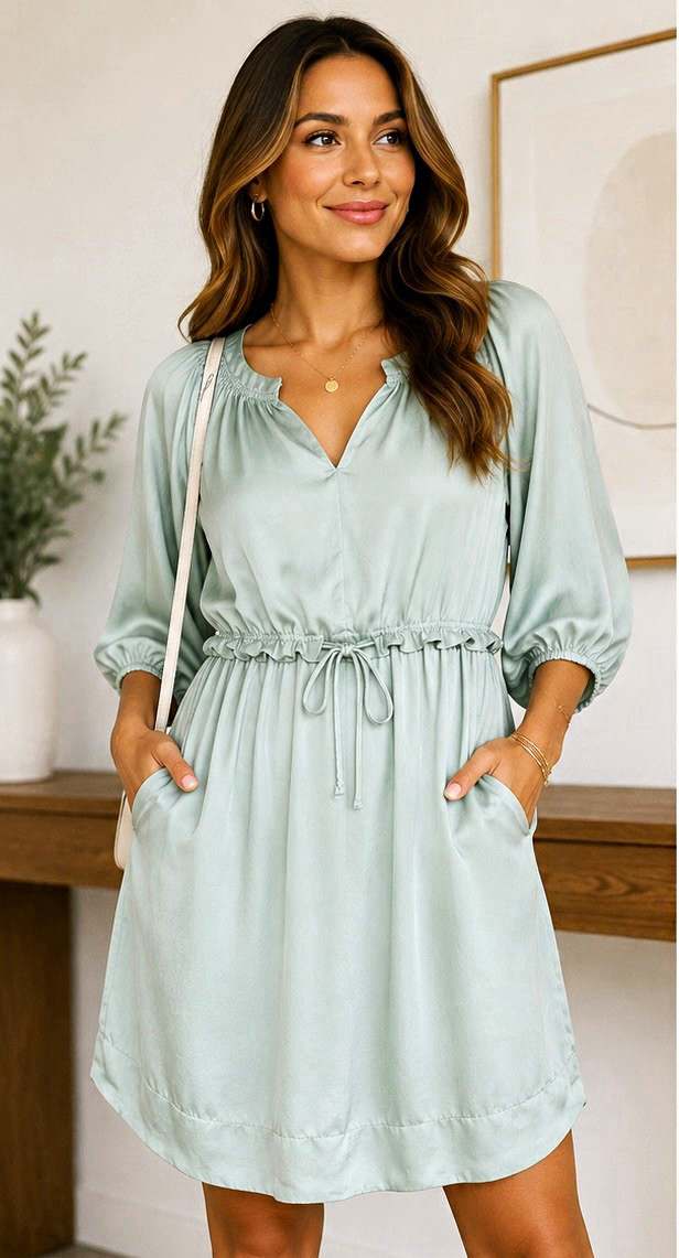 Maisie Green Satin V-Neck 3/4 Balloon Sleeve Tie Waist Mini Dress Pockets XS