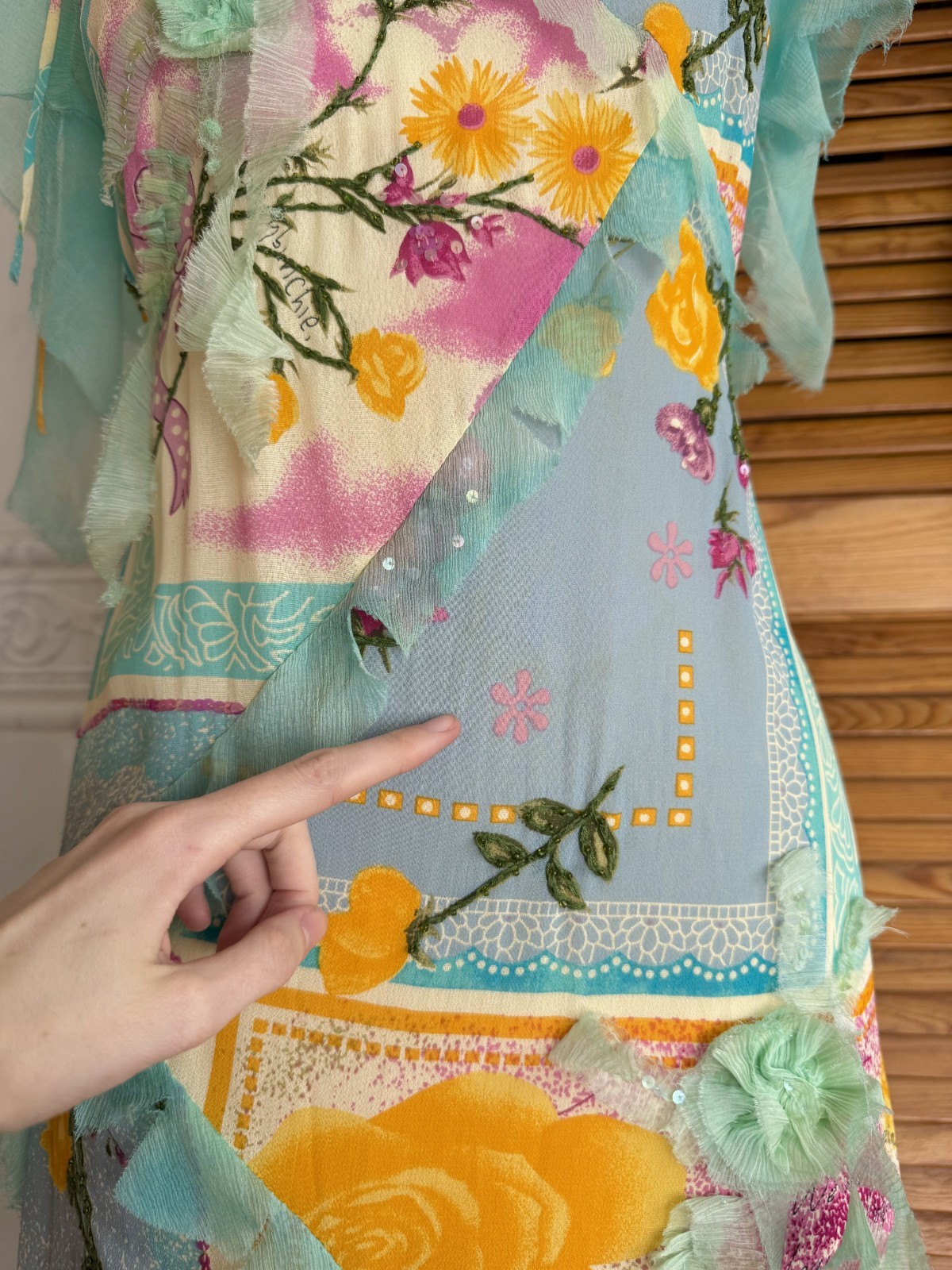 Spanish Designer Multicoloured Patchwork Floral Appliqué Dress M