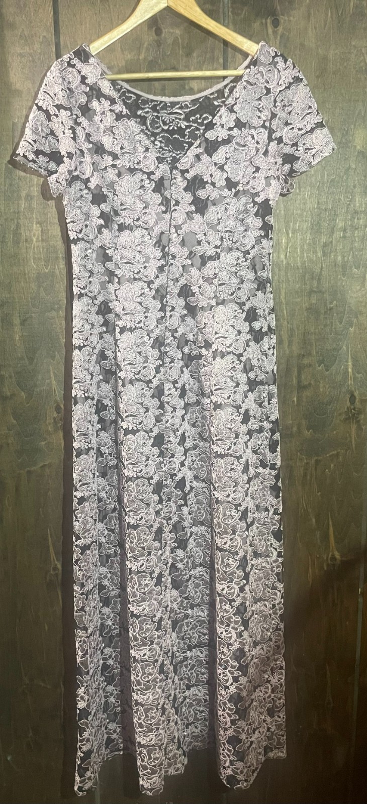 Alex Evenings Silver Floral Rosette Sequin Lace Maxi Dress Sz 8