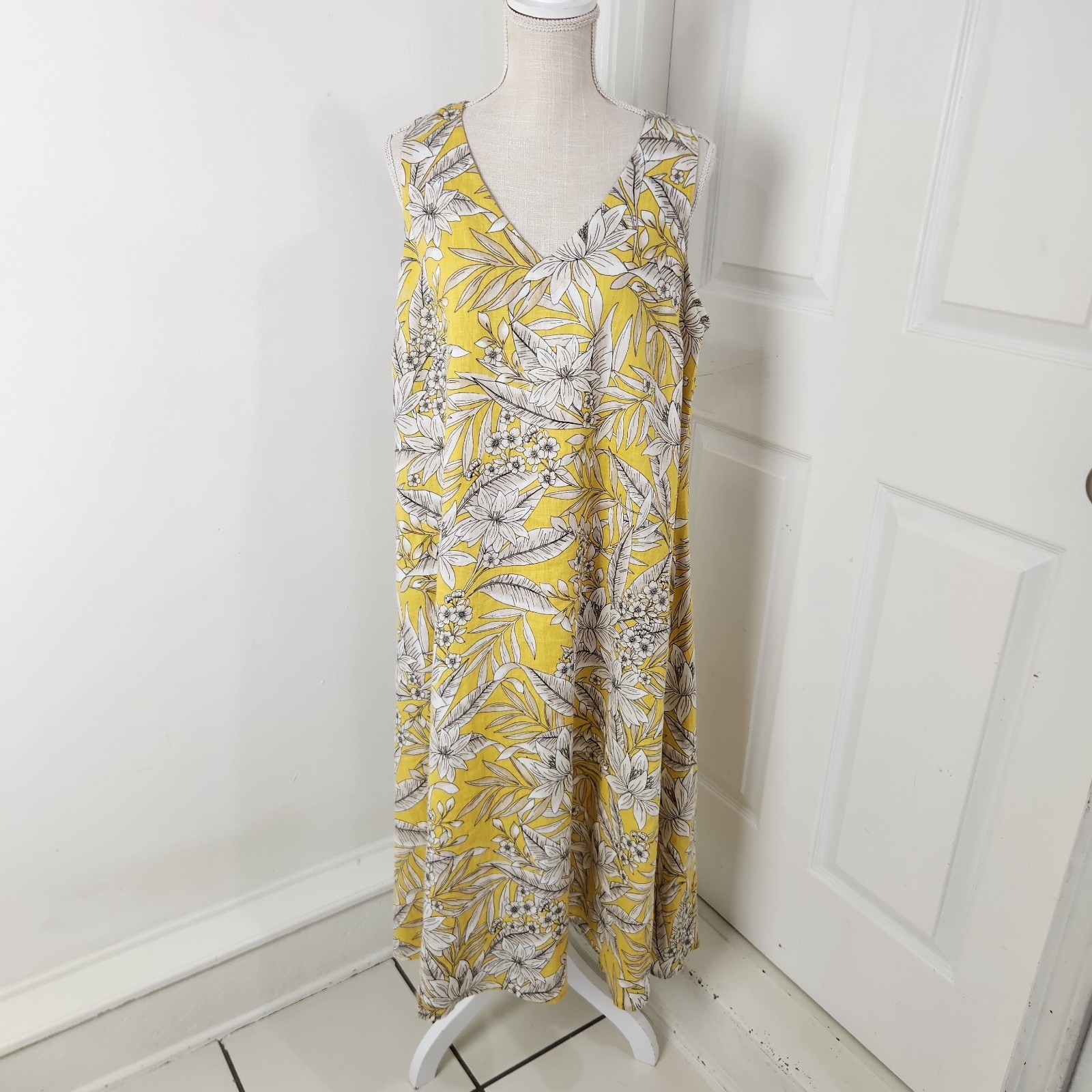 J Jill Dress LP Petite Yellow White Big Florals Love Linen Maxi With Pockets