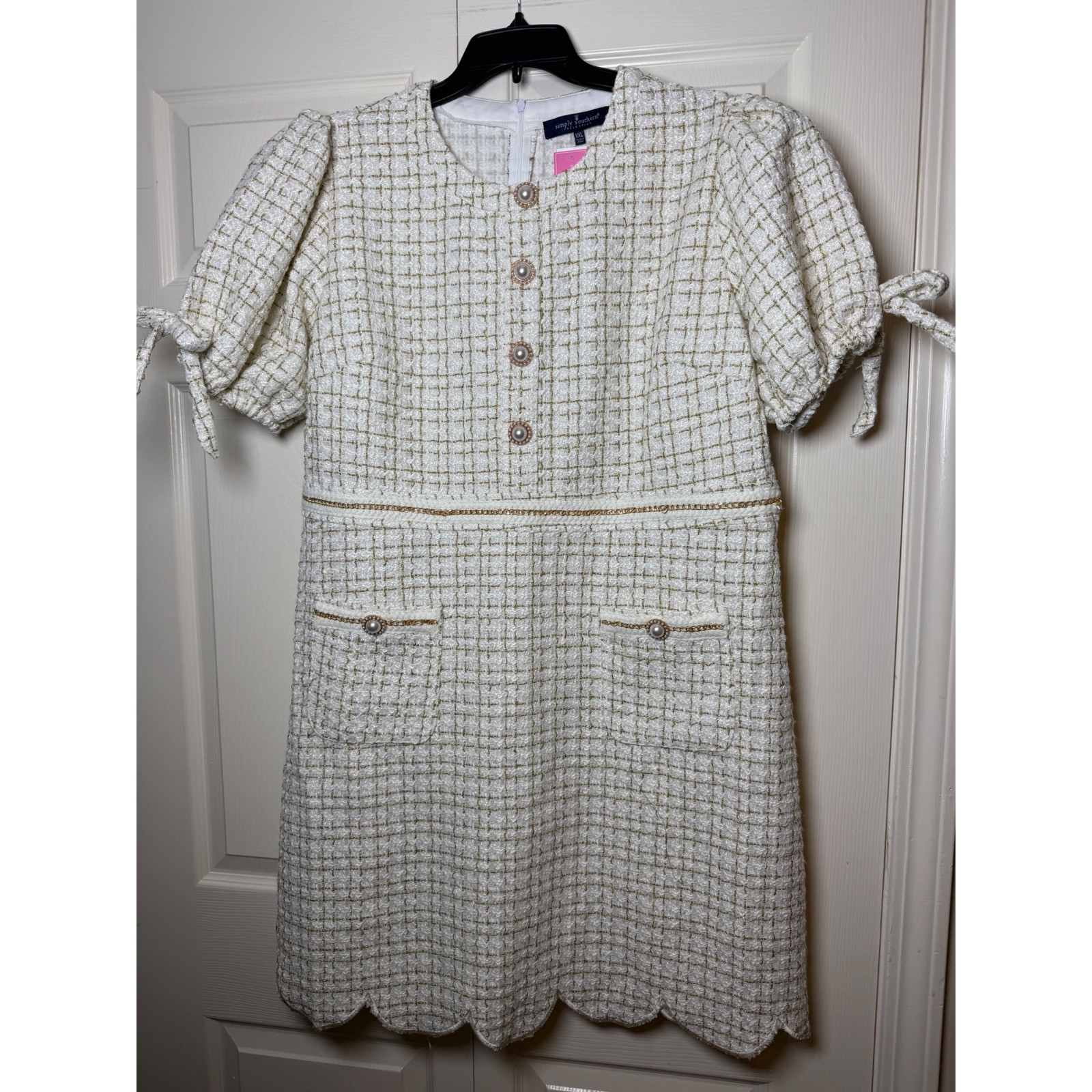 Simply Southern Ivory Tweed Gold Metallic Scallop Hem Dress Pearl Buttons XXL