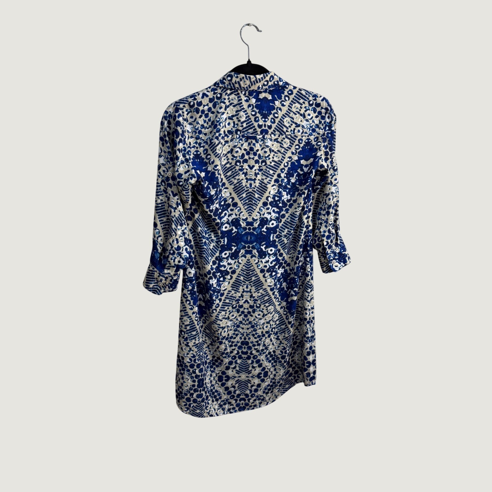 Cabi Blue Cream Geometric Kaleidoscope Print Button Down Shirt Dress Coastal XS