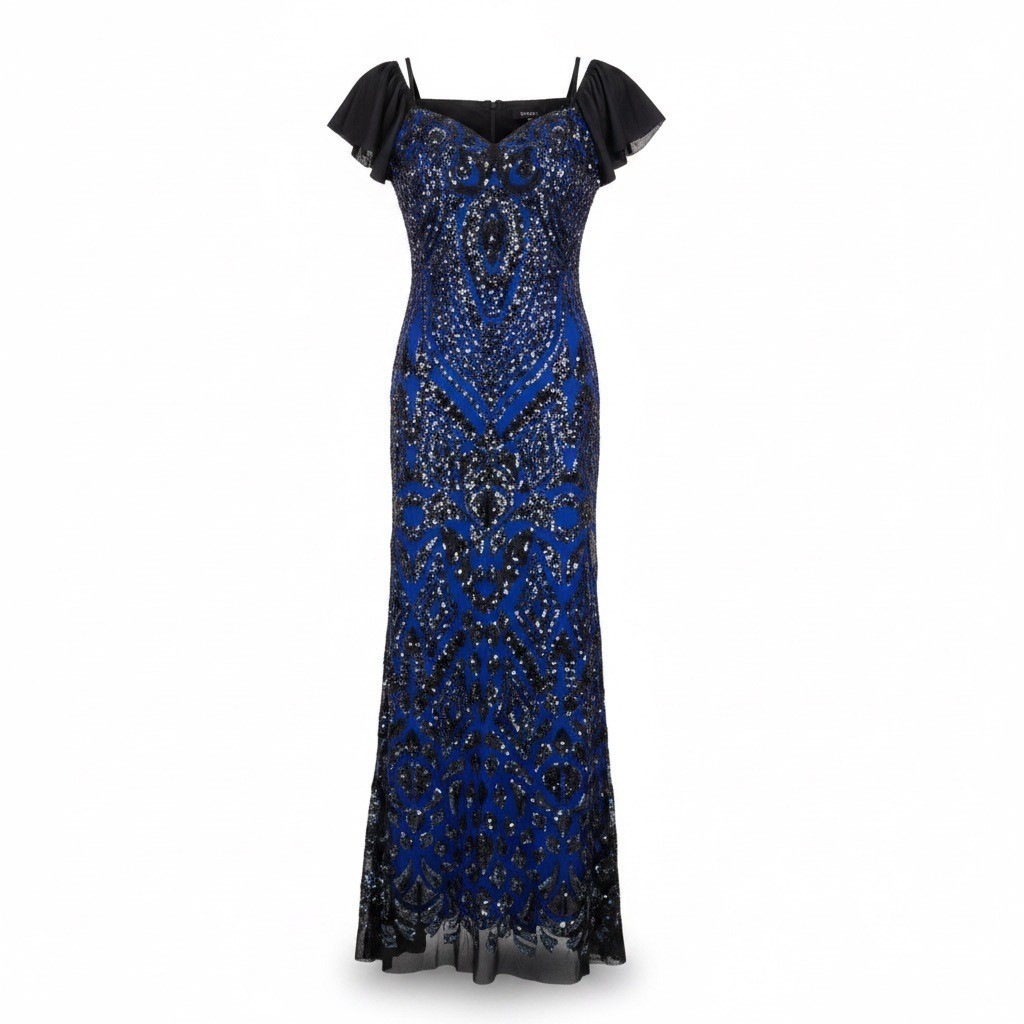 Angel Fashions Womens Black & Royal Blue Sequin Lace Gown Mermaid Dress Size L