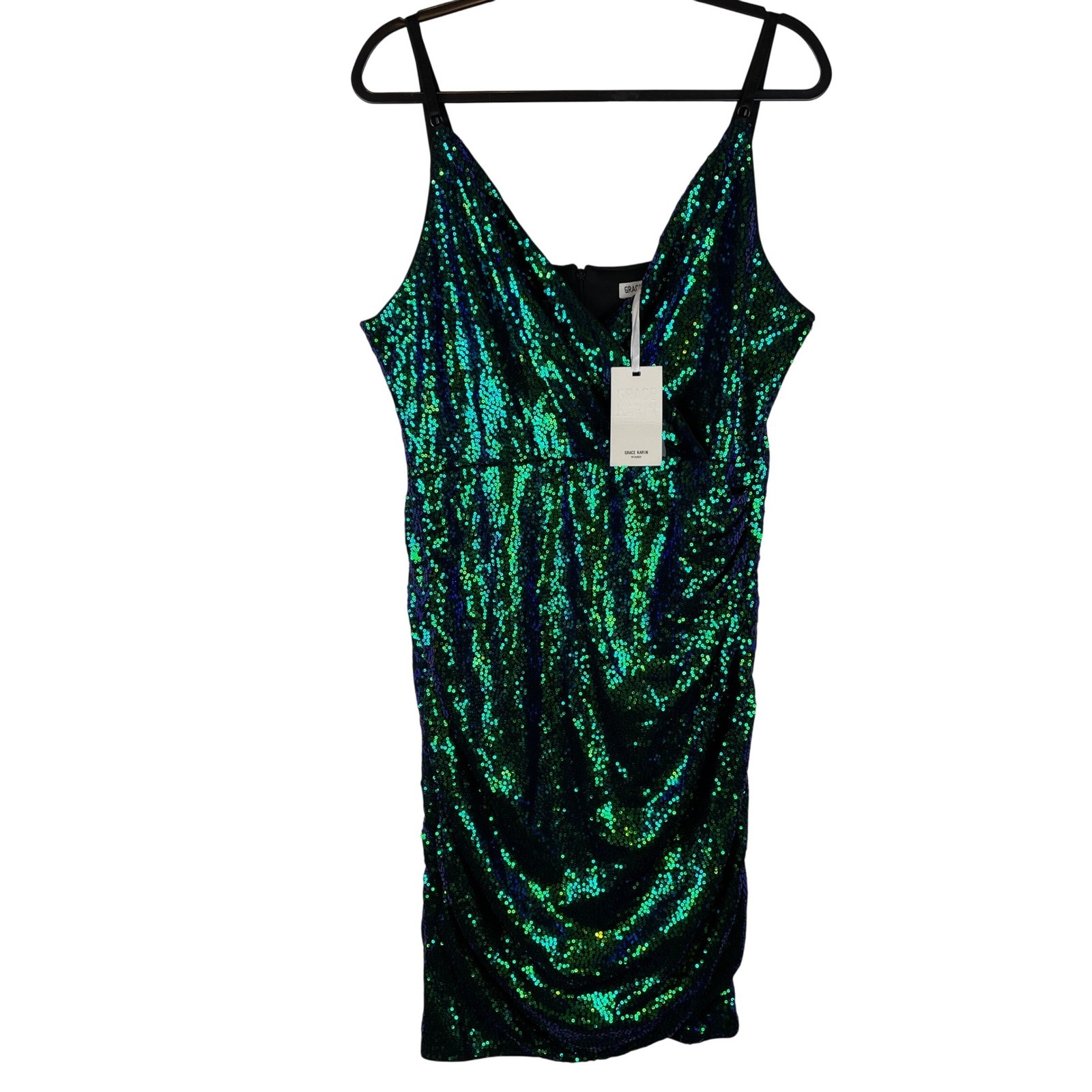 Grace Karin Green Sequin Ruched Cocktail Dress XL Iridescent Peacock Mini New
