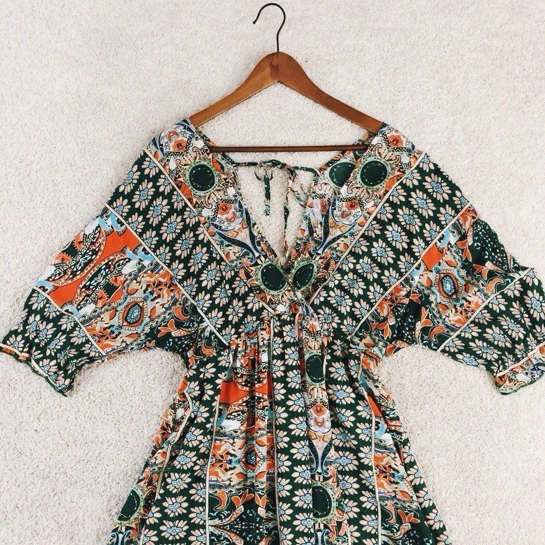 Green Orange Blue Kimono Paisley V Neck Empire Dress Size L Large
