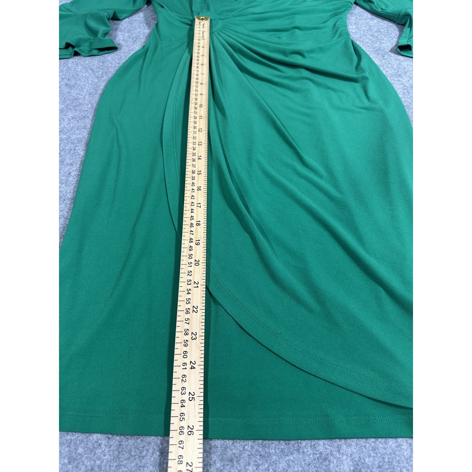 Connected Apparel Faux Wrap Sheath Dress 8 Green Bell Sleeve Gathered Sunburst