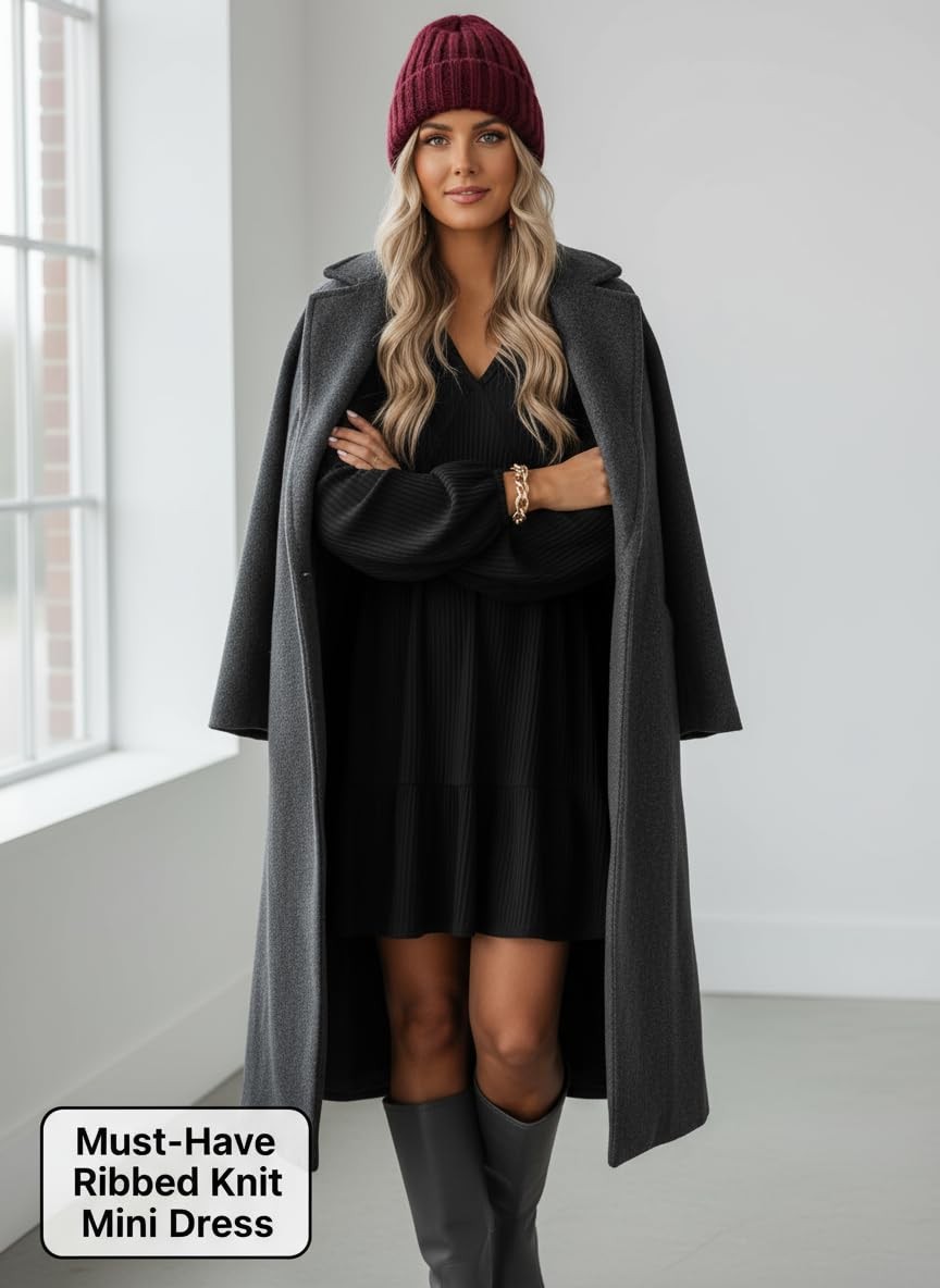 Dokotoo Spring Women’s Dresses Long Sleeve Neck Lightweight Ribbed Black Small