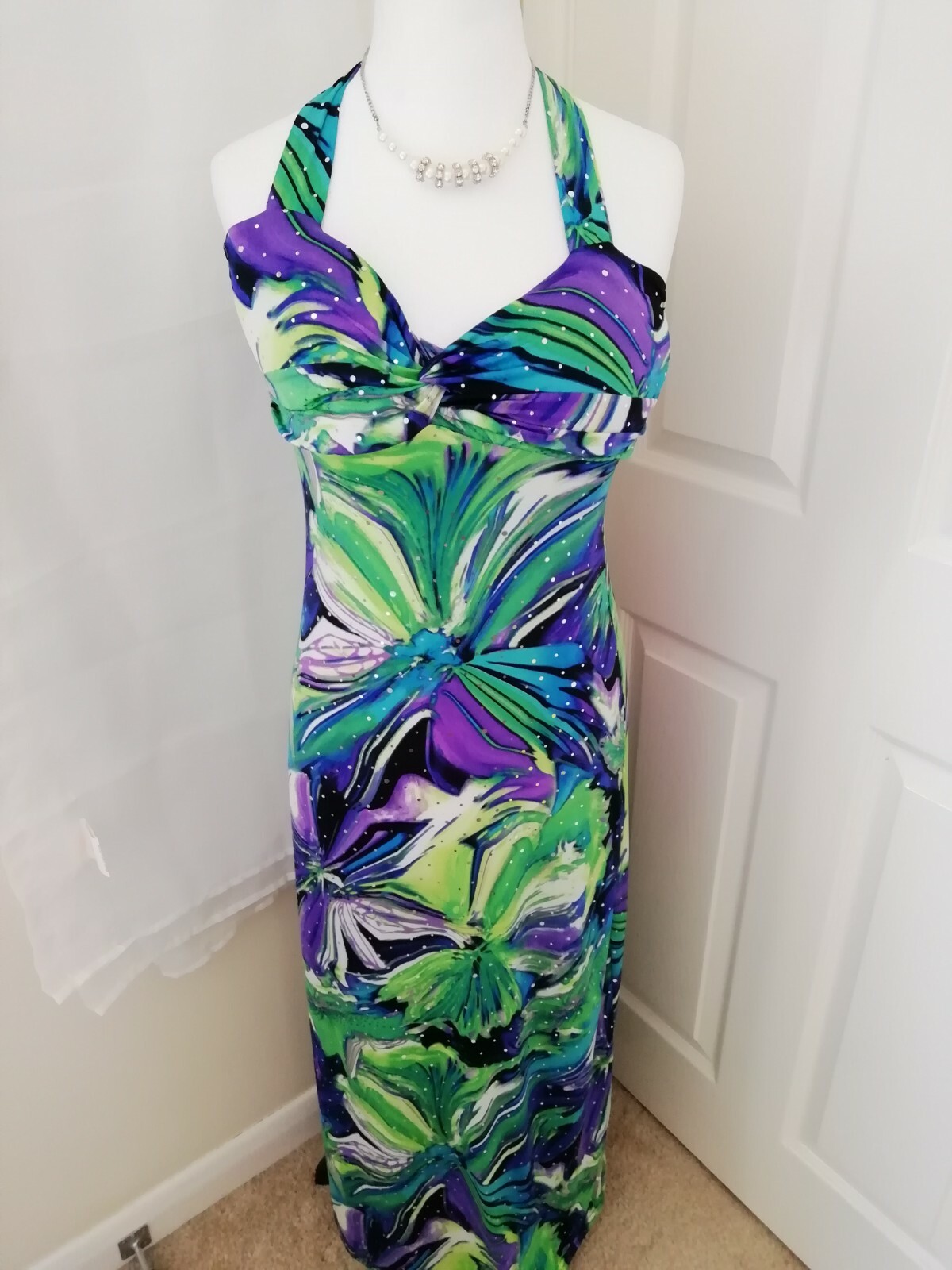 Bodycon Maxi Dress Halter Neck Green/Purple/Blue Sequins Size UK 8 VGC Summer