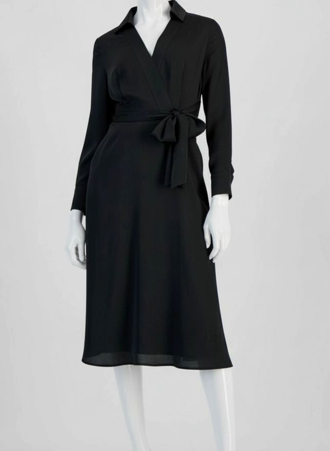 Tahari ASL Women’s Black Long-Sleeve Satin Surplice Self Tie Shirt Dress Size 6