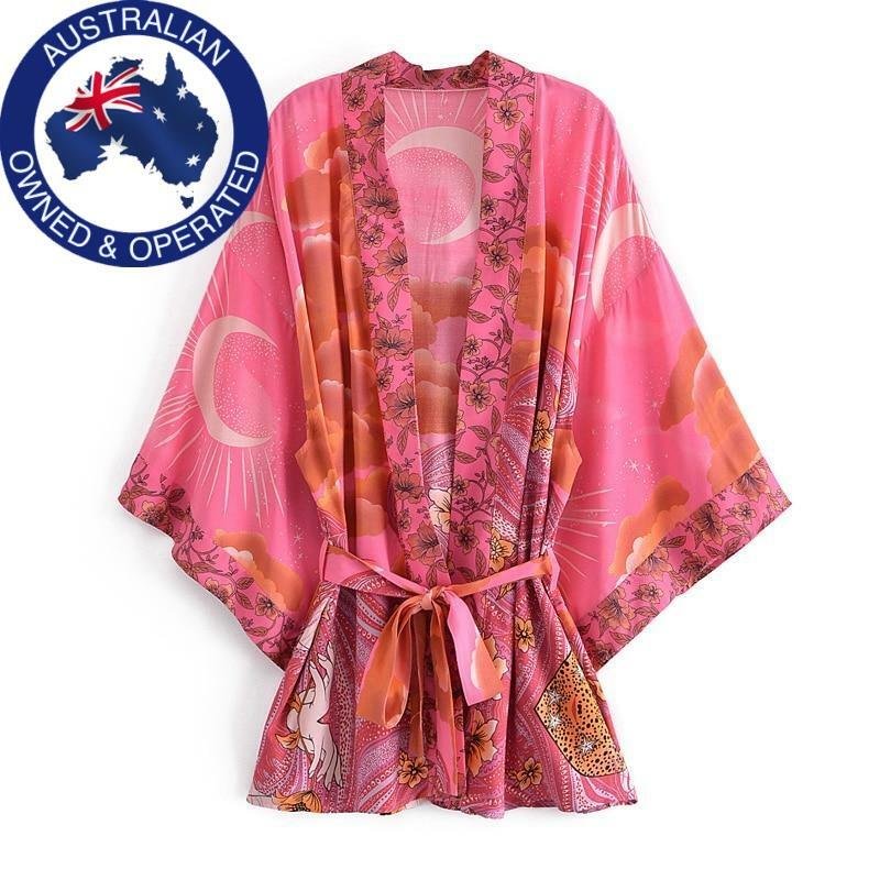 Pink Orange Floral Moon Sky Cloud Print Boho Short Kimono Batwing Sleeve Robe