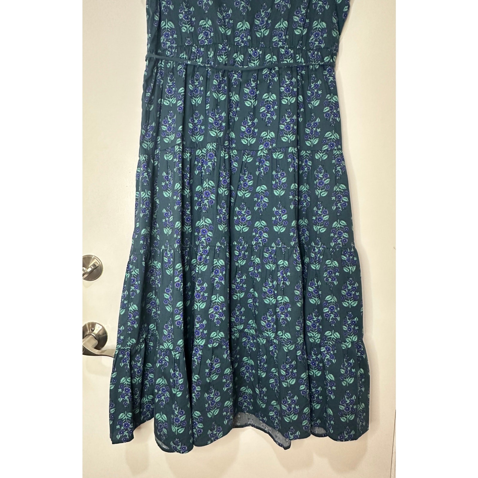 J. Crew Printed Mock Neck Tiered Midi Dress Warm Spruce Green Blue Size 16 NWT