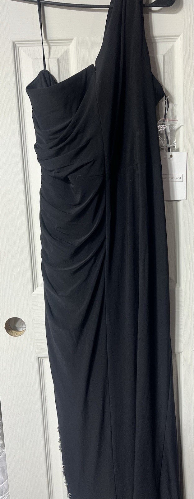 Mac Duggal Black One Shoulder Ruched Long Gown Beaded Trim Plus 18W