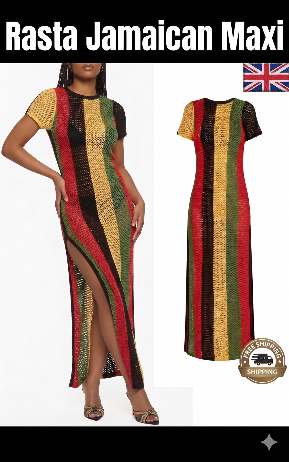Women Rasta Stripe Mesh Maxi Dress 100% Cotton Reggae Jamaican Beach Club LXL