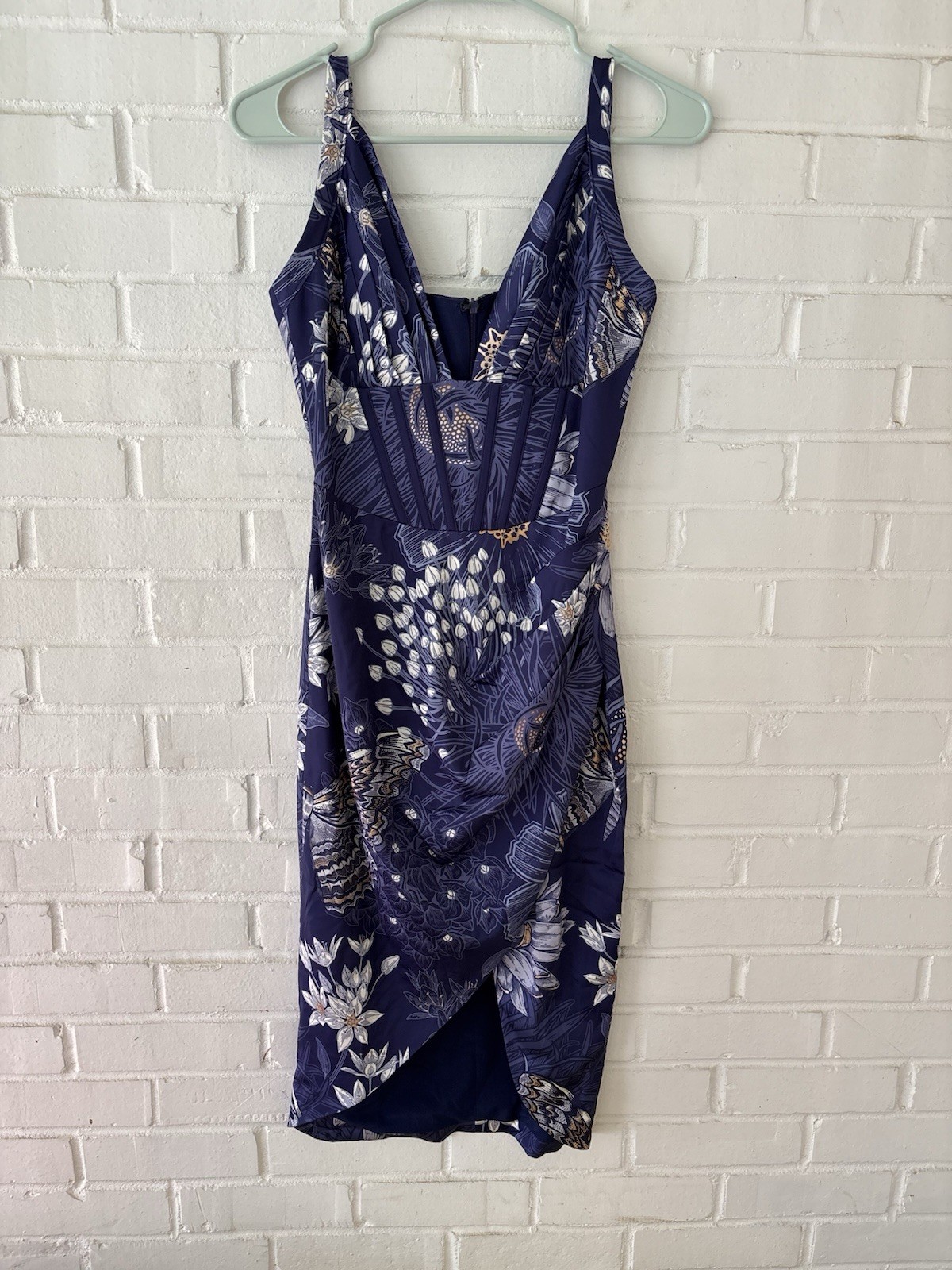 Averie Dani Draped Midi Dress Navy Blue Floral Fauna Print Corset Bustier Sz XS