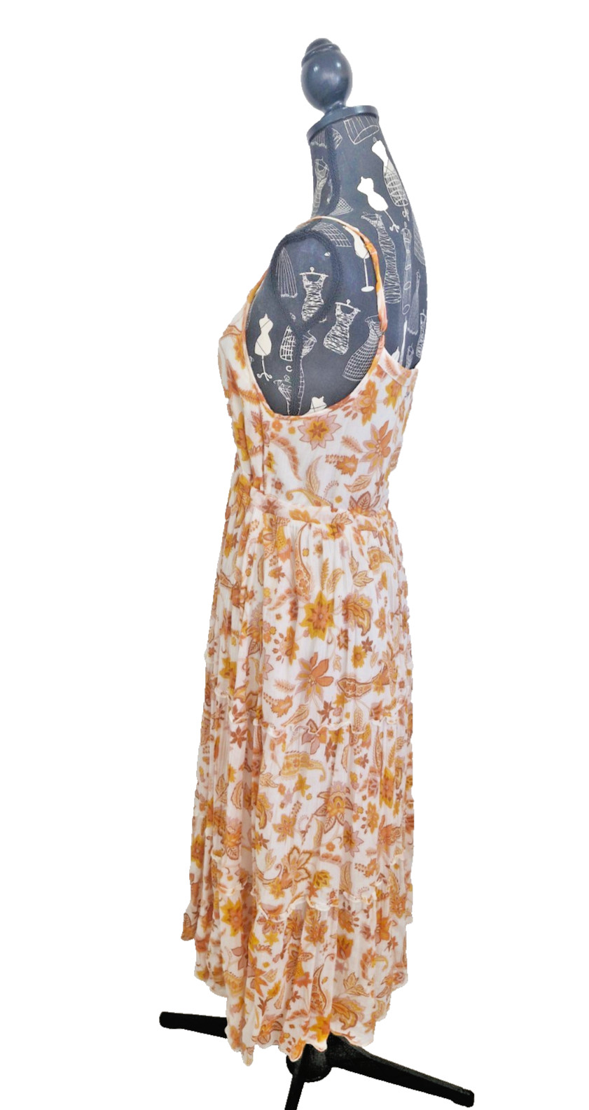 Ghanda Cotton Midi Dress Womens S White Orange Floral Button Tie Waist