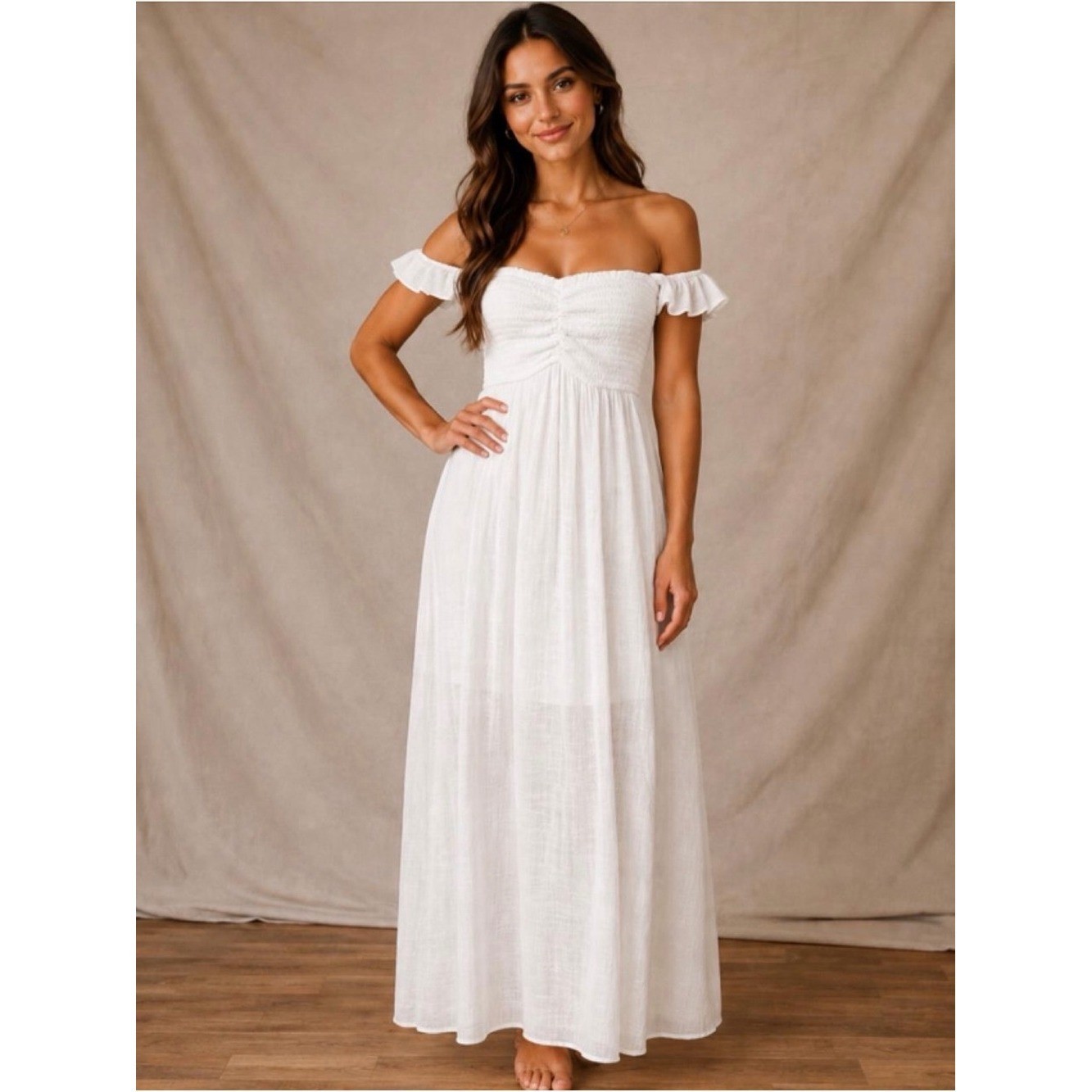 Promesa White Off Shoulder Maxi Dress