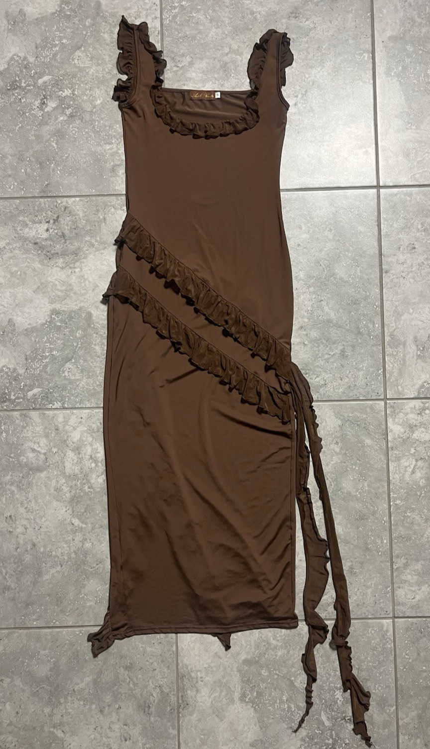 Adele Berto Ruffle Bodycon Maxi Sleeveless Jersey Stretch Dress Slit Fairy sz 2