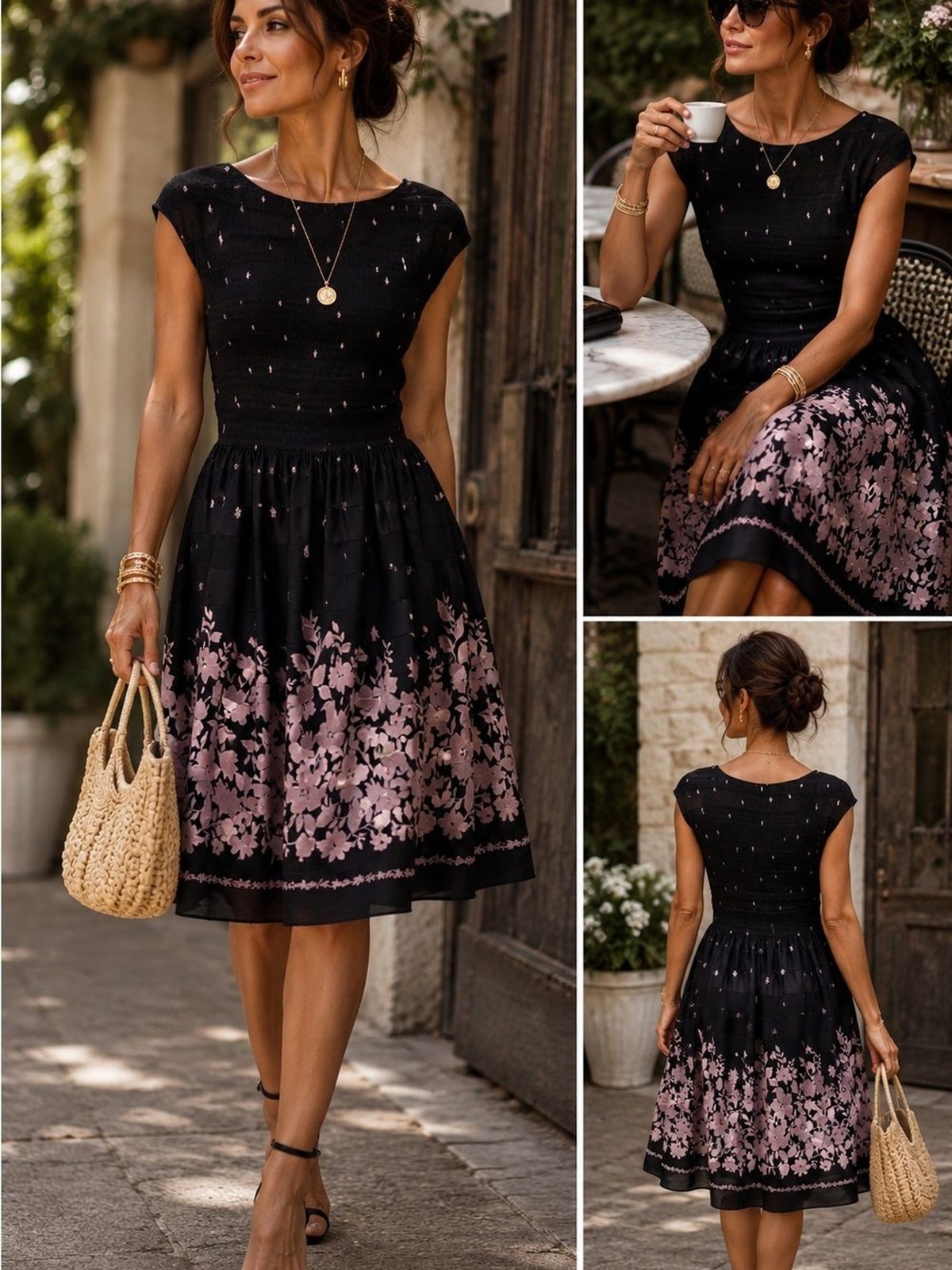Max Edition Black Midi Dress with Pink Floral Border
