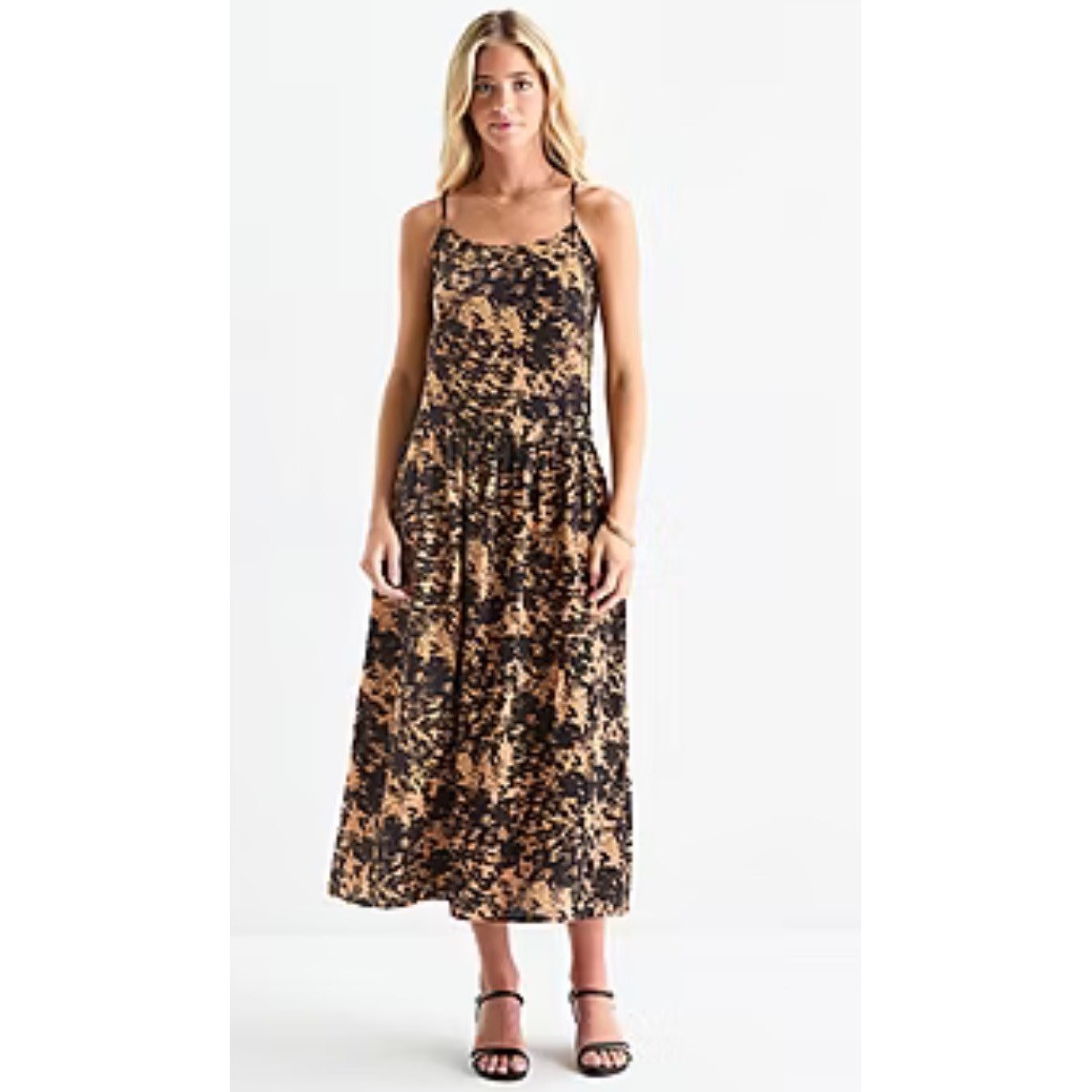 Bohemian NEW Brown Black 90s Abstract Print Drop Waist Midi Dress Medium