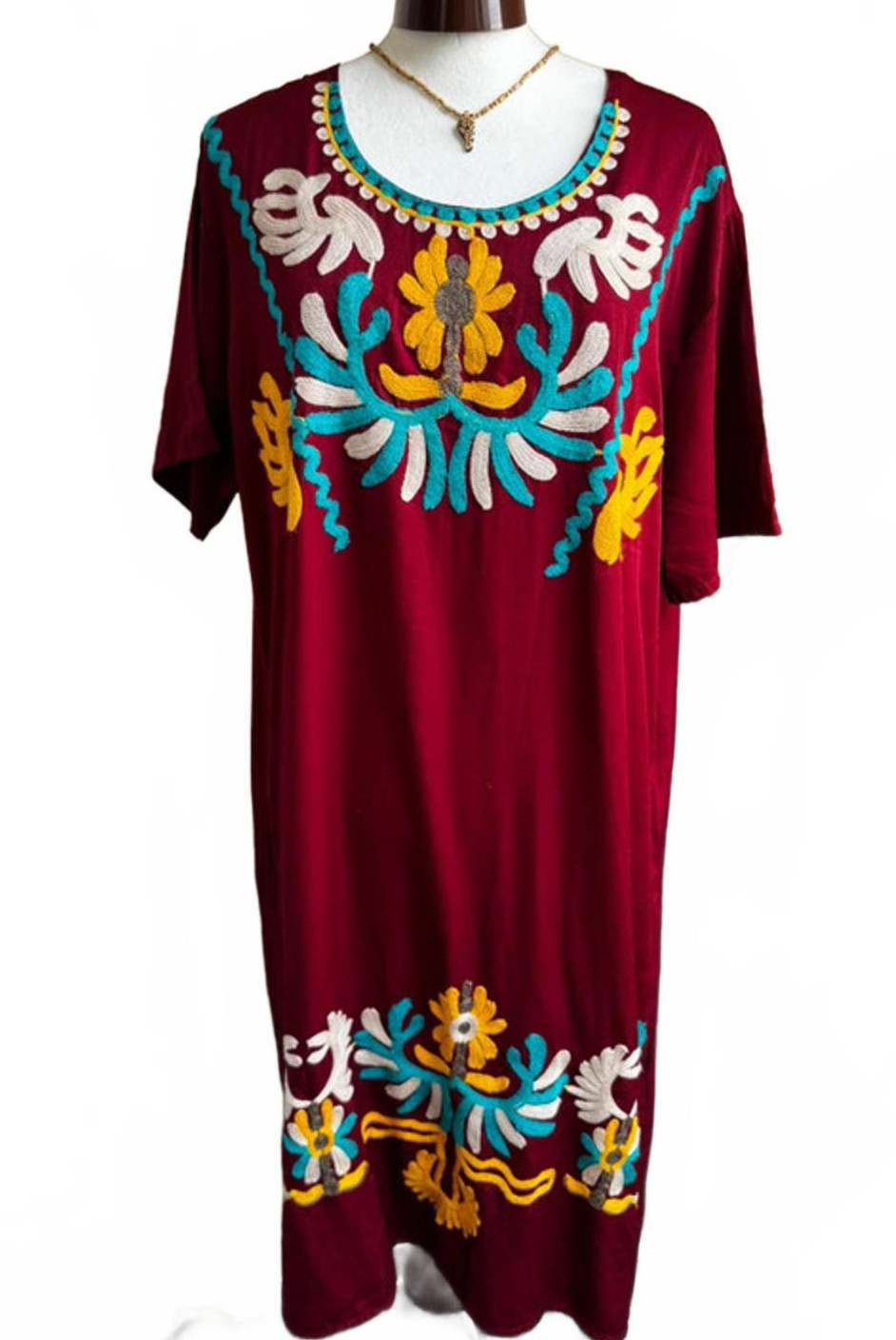 Dress Tunic UK 18 20 22 Burgundy Floral embroidered XL Festival Vintage