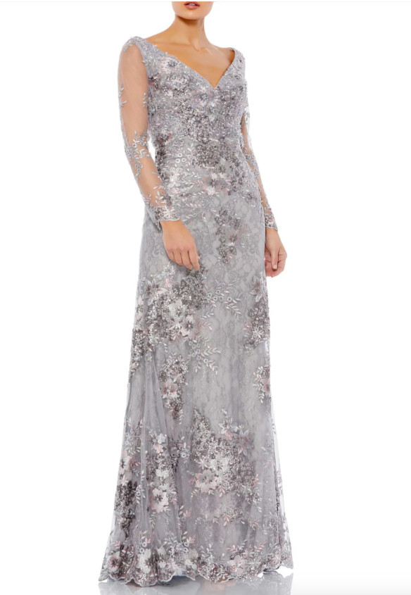 MAC DUGGAL 67539 EMBELLISHED V-NECK ILLUSIONS LONG SLEEVE PLATINUM GOWN sz 20W