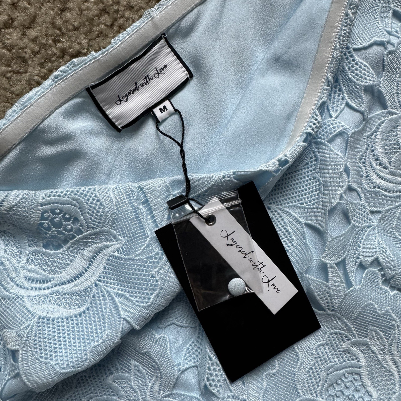 NWT Layered With Love One Sleeve Dress Sz M in Blue Sky Lace Above Knee