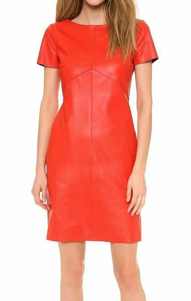 Womens Red Crop Leather Casual Dress. Slim Fit Mini Dress Real Sheepskin Leather