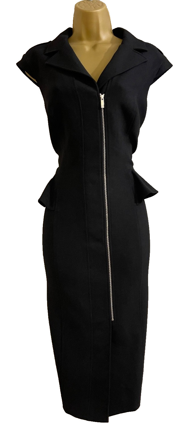 KAREN MILLEN BLACK PEPLUM ZIP-FRONT PENCIL DRESS UK 14 (US 10) EUR 42