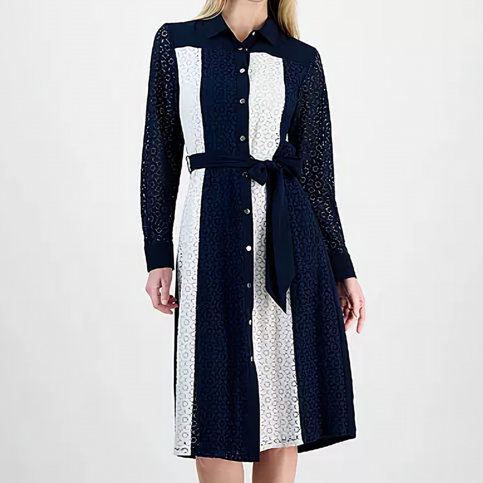 T Tahari Colorblocked Mixed Media Belted Dress Collared Navy White Womens NWT