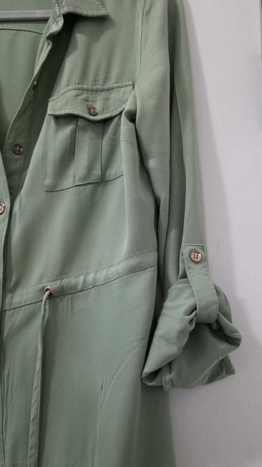GUESS Green Solid Collared Button-Front Shirt Dress Pockets Long Sleeve, S