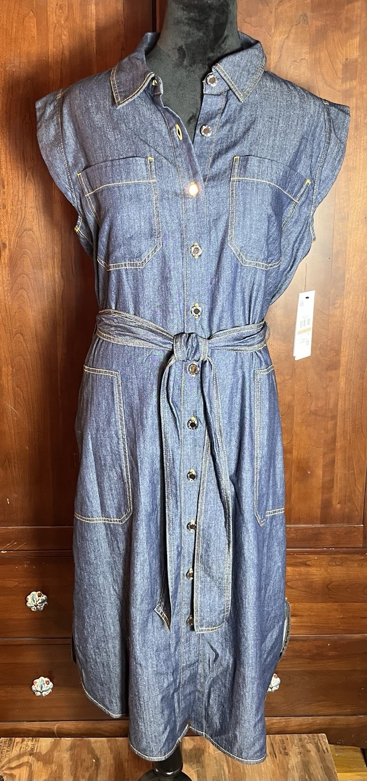 NWTS DKNY Cap Sleeve Cotton Blend Chambray Button up Shirtdress Tie Waist SZ. 12