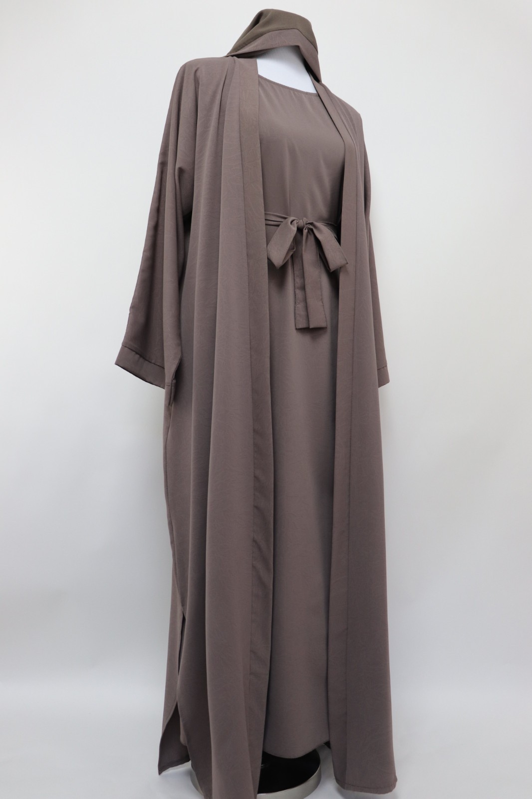 3 Piece Set Marble Open Kimono Abaya & Slip Dress Muslim Maxi Dress Deep Taupe