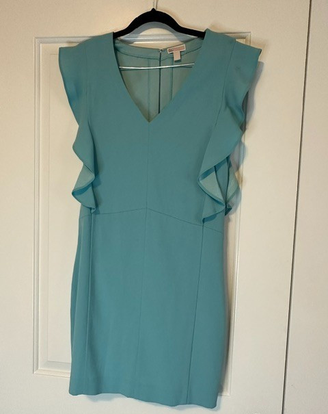 Chelsea28 Dress Womens S Teal Blue Ruffle Sleeve Sheath V-Neck Mini