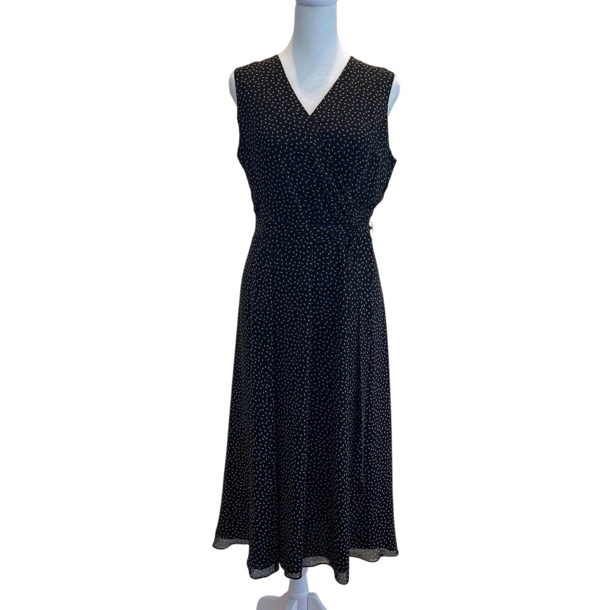 Talbots Petites Pure Silk Sleeveless Midi Wrap Dress Dot Print Black Tan Size 8P