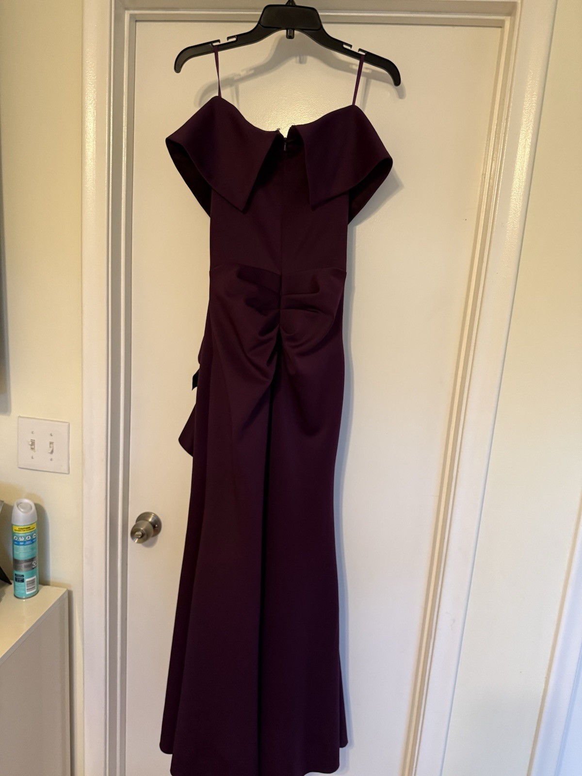 Xscape Purple Solid Off Shoulder Ruffle Ruched Long Formal Gown Dress 8