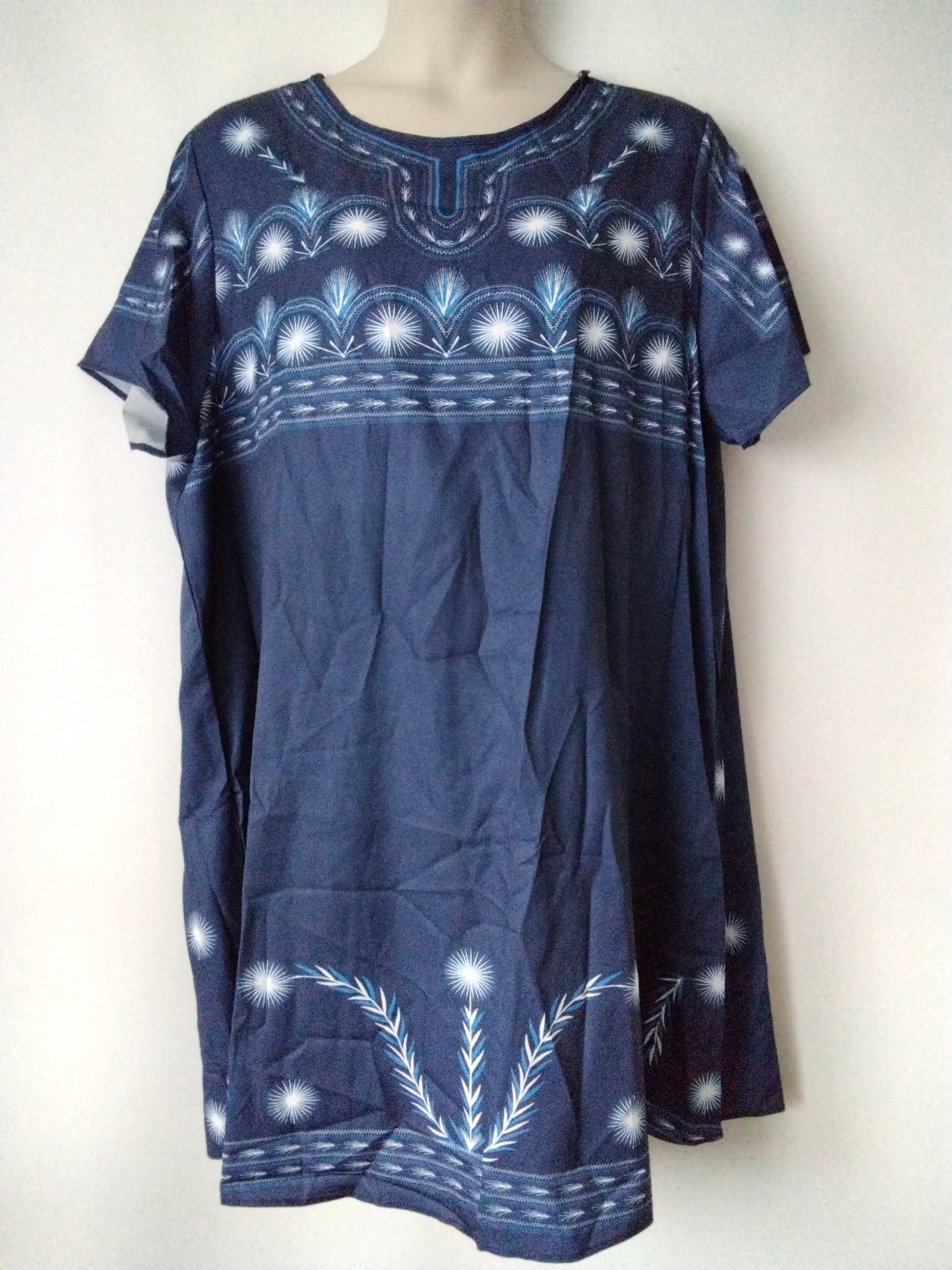 PLUS SIZE 22 24 NAVY BLUE FLORAL ETHNIC A LINE DRESS NO STRETCH SHORT SLEEVE