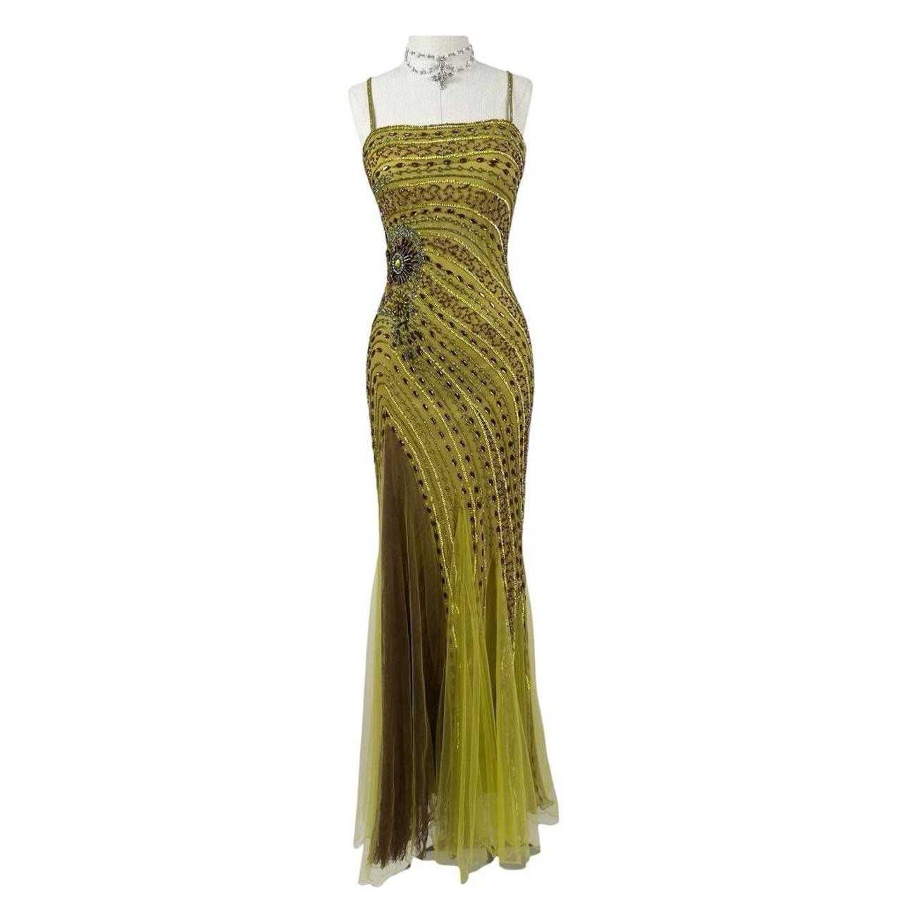 Silk Beaded Olive Green Evening Dress Maxi Mermaid Prom Gown Y2K